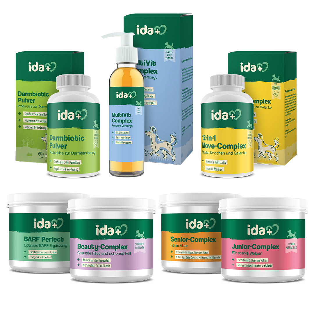Überblick über die ida+ Futterergänzungen für Hunde