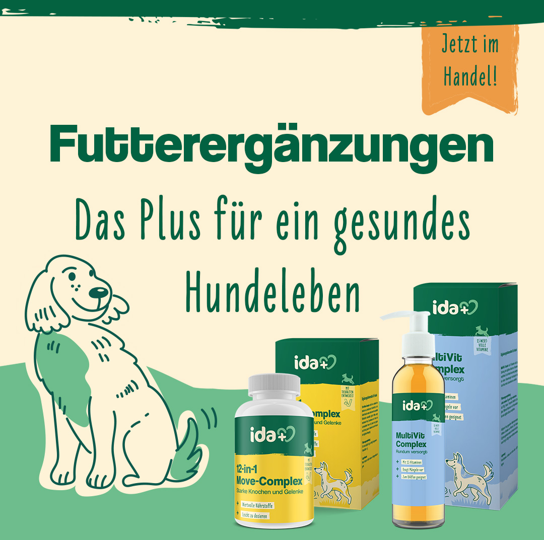 Futterergänzungen für Hunde - das Plus für ein gesundes Hundeleben. Jetzt im Handel! Abgebildet sind die Produkte MultiVit Complex und 12in1 Move Complex von ida+