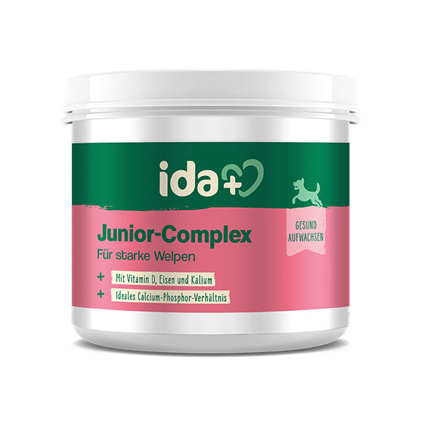 ida+ Junior-Complex zur Unterstützung des Wachstums von Welpen. Pinkfarbene Dose. Futterergänzung für Hunde